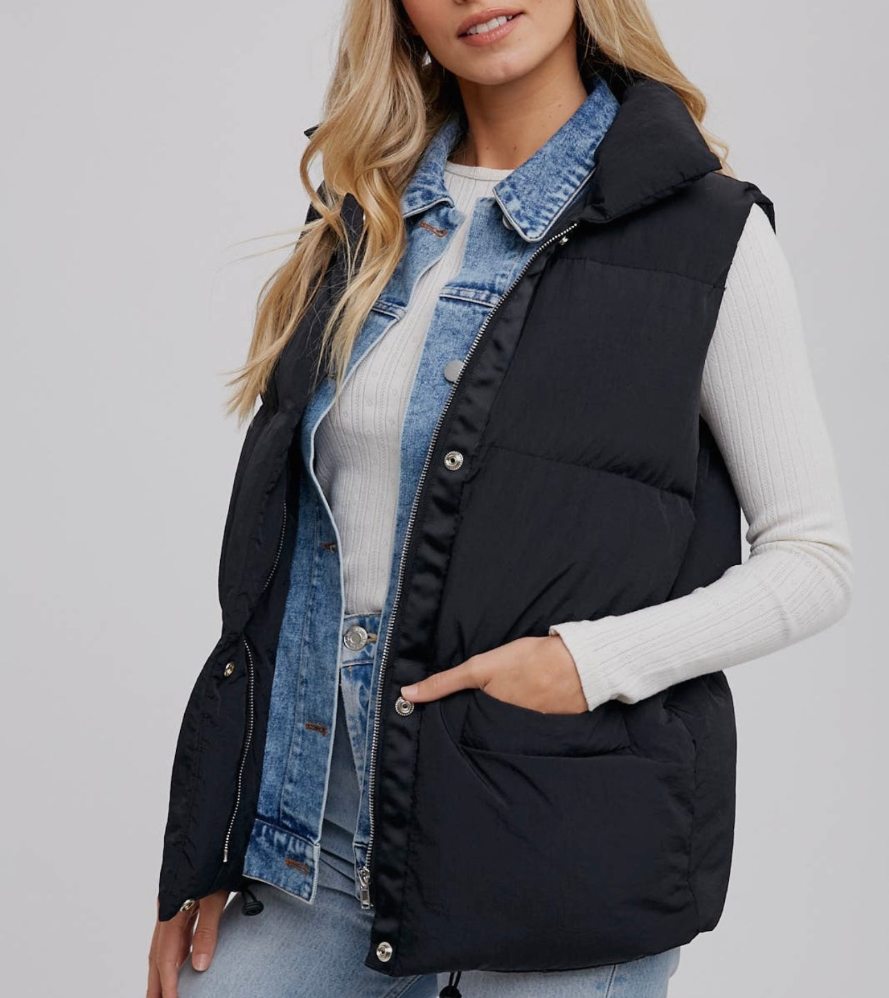 PRE-ORDER black + denim puffer vest