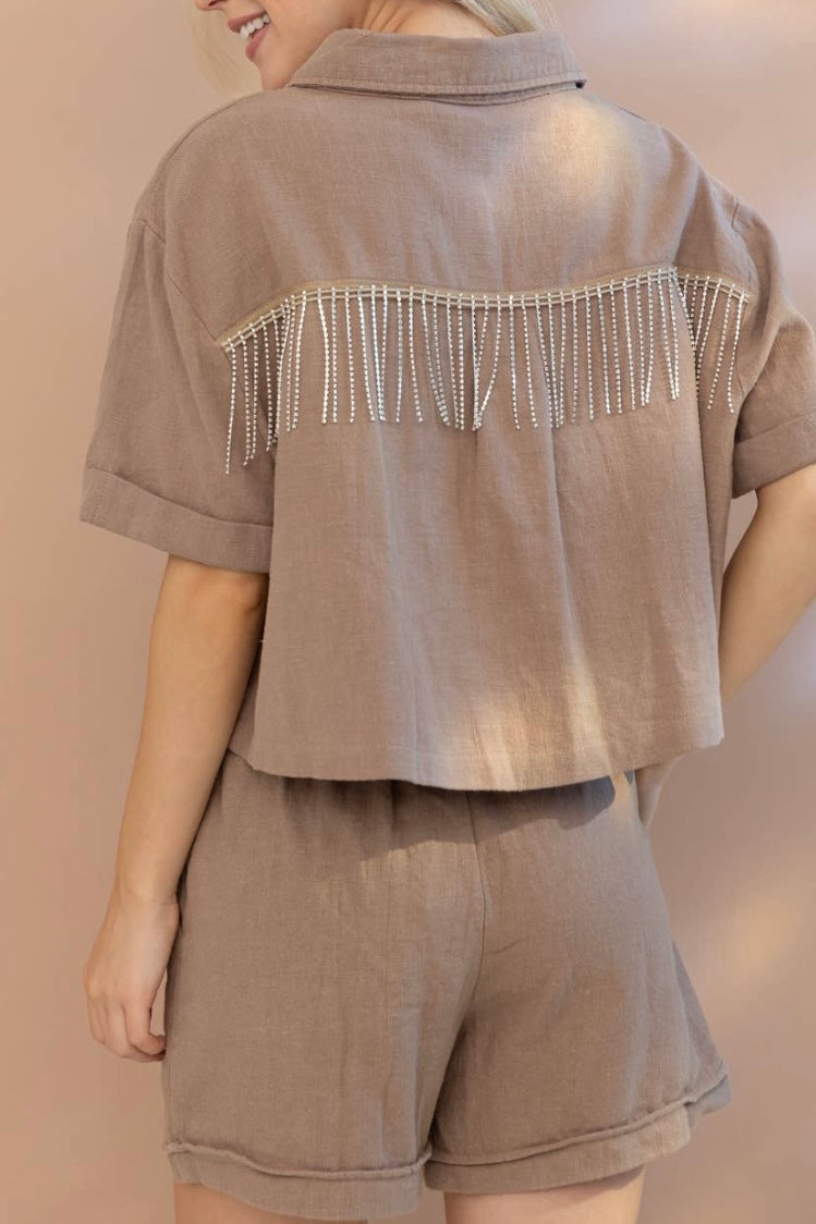 taupe linen rhinestone top
