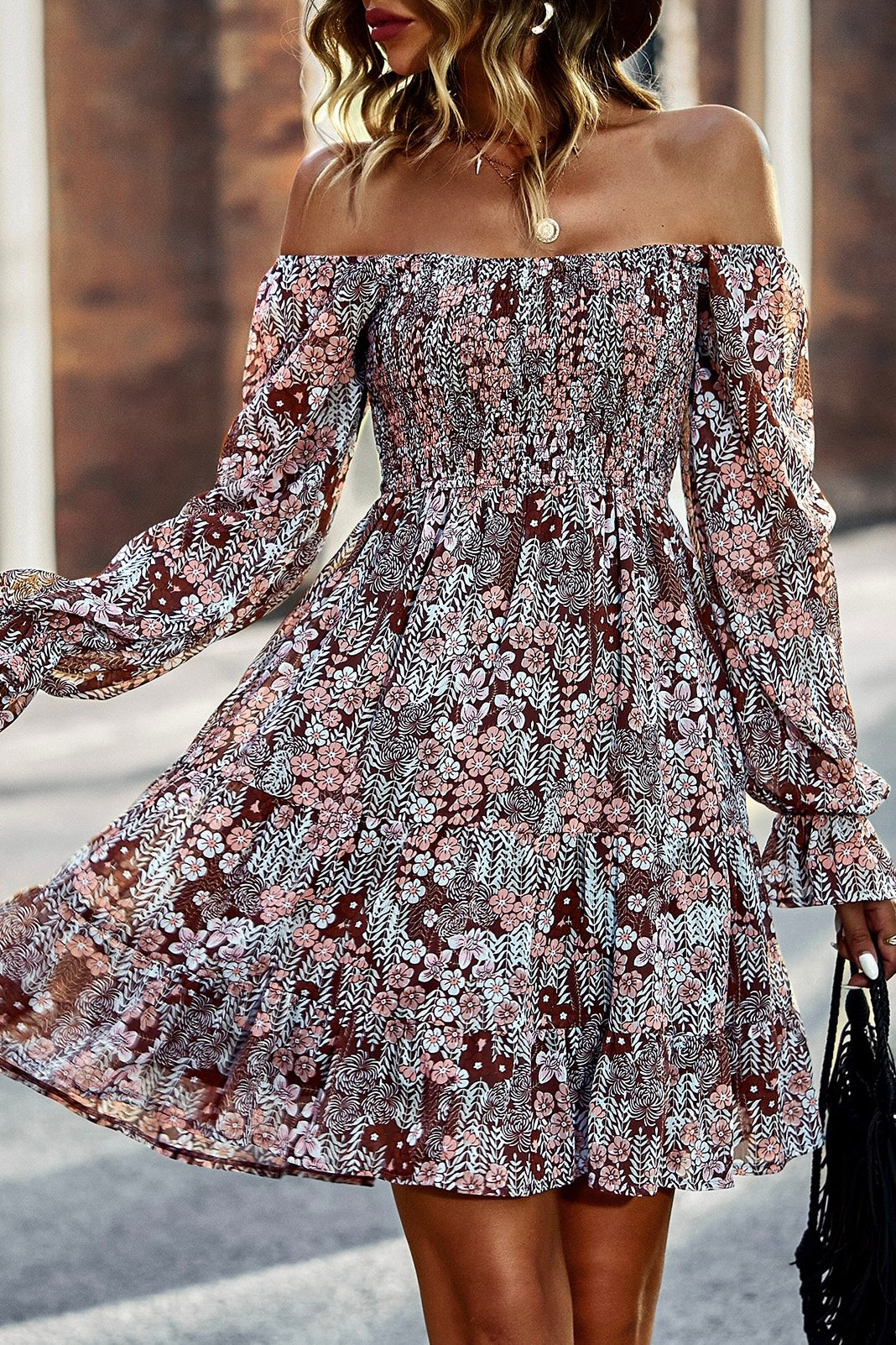 neutral multi florals smocked dress