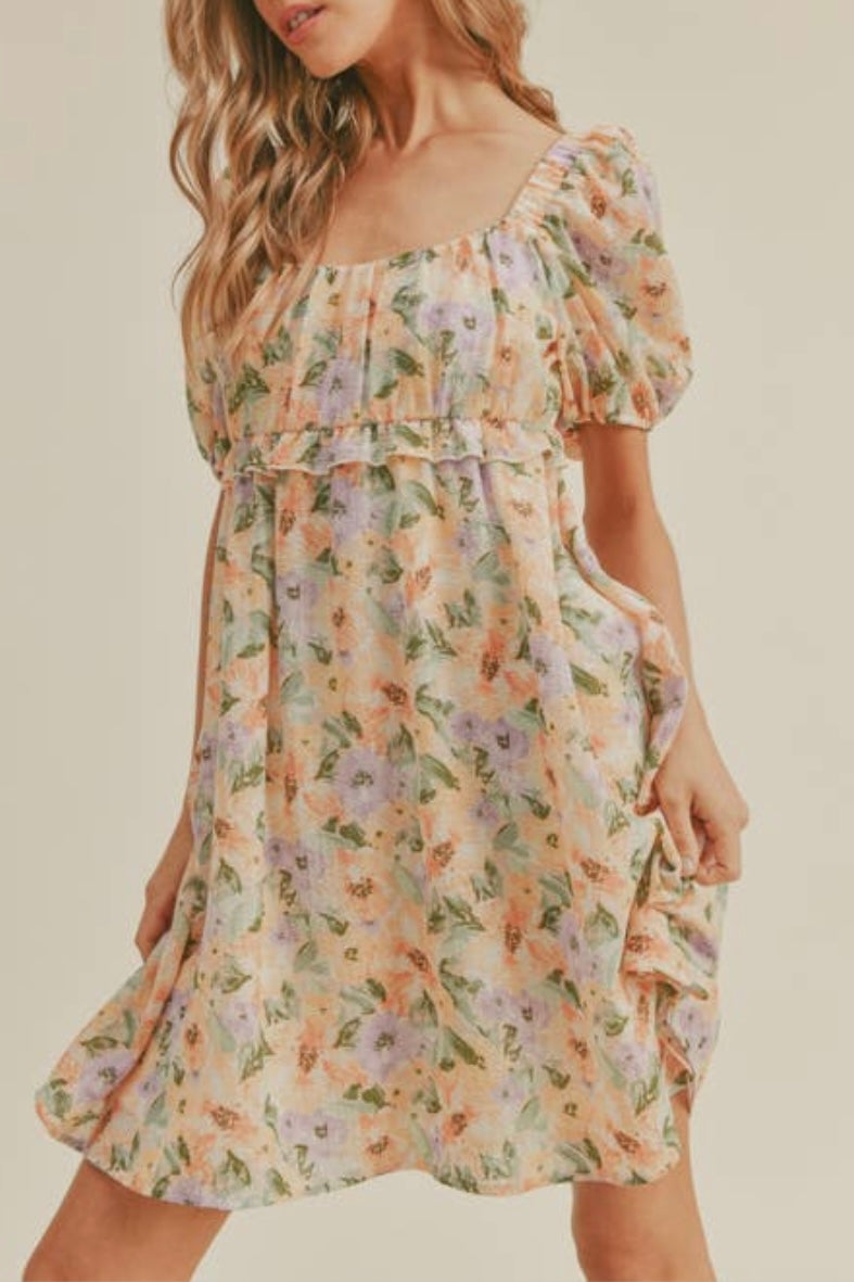 purple + tangerine floral tie back dress