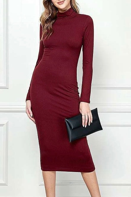 wine turtleneck ribbed hacci midi dress