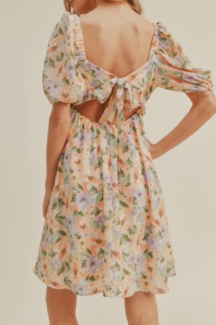 purple + tangerine floral tie back dress