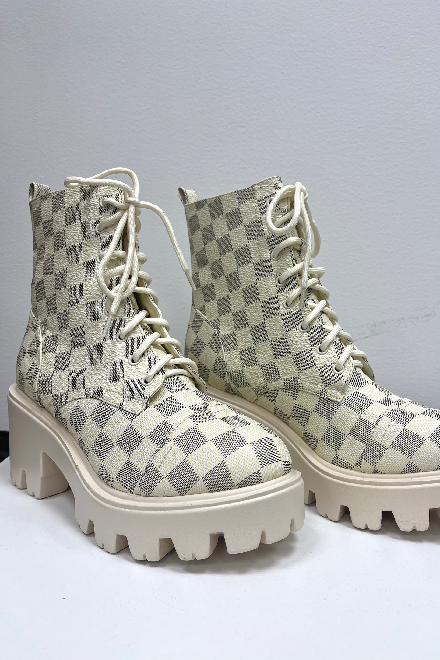 checkered lace up chunky combat boot