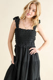 Black Smocked Ruffled Tiered Dress