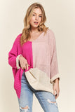 Pink Side Slit Color Block Long Sleeve Sweater