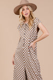 Checkered Half Button Cap Sleeve Jumpsuit