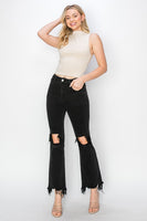 Black Distressed Raw Hem Jeans with Pockets