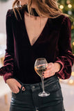 Burgundy Cutout Long Sleeve Velvet Blouse