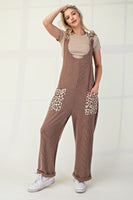 Taupe Ribbed Leopard Tied Shoulder Overalls