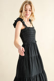 Black Smocked Ruffled Tiered Dress