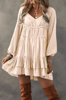 Ruffled V-Neck Long Sleeve Dress