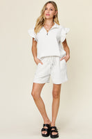 Texture Flounce Sleeve Top and Drawstring Shorts Set