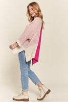 Pink Side Slit Color Block Long Sleeve Sweater