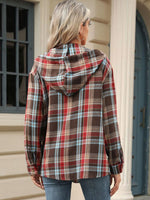 1/4 Button Drawstring Plaid Hooded Long Sleeve Top