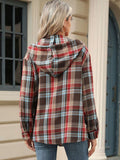 1/4 Button Drawstring Plaid Hooded Long Sleeve Top