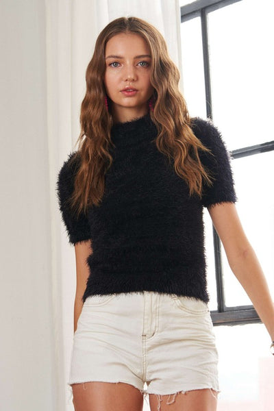 Fuzzy Mock Neck Short Sleeve Sweater Black