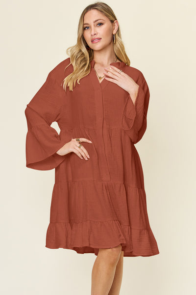 Textured Button Up Ruffle Hem Dress