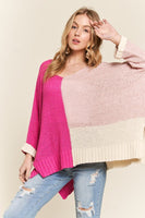 Pink Side Slit Color Block Long Sleeve Sweater