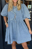 Bow Knots Half Sleeve Denim Dress