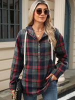 1/4 Button Drawstring Plaid Hooded Long Sleeve Top