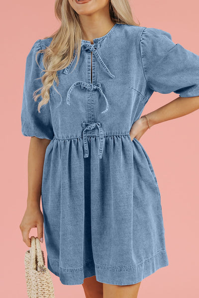 Bow Knots Half Sleeve Denim Dress