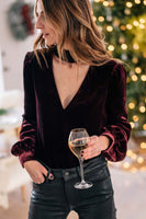 Burgundy Cutout Long Sleeve Velvet Blouse