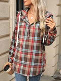 1/4 Button Drawstring Plaid Hooded Long Sleeve Top