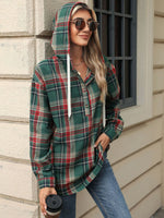 1/4 Button Drawstring Plaid Hooded Long Sleeve Top