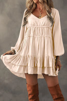 Ruffled V-Neck Long Sleeve Dress