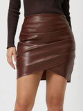 Faux Leather Ruched Asymmetrical Hem Skirt