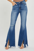 High Rise Front Slit Frayed Hem Flare Jeans