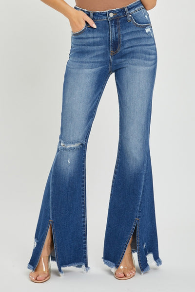 High Rise Front Slit Frayed Hem Flare Jeans