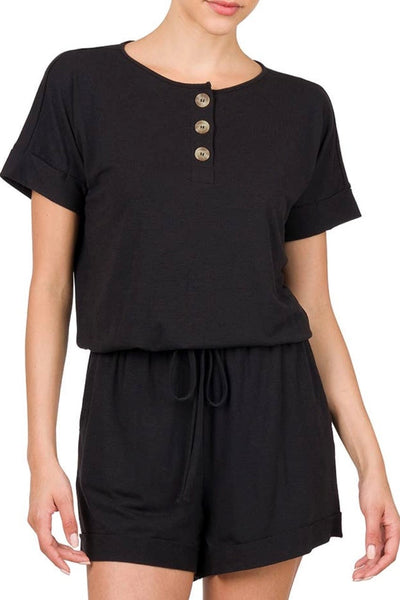 black short sleeve romper with pockets