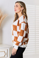 Checkered V-Neck Dropped Shoulder Cardigan