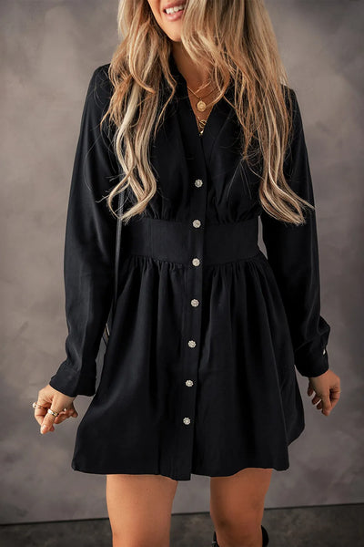 Black + Crystal Button Up Long Sleeve Dress