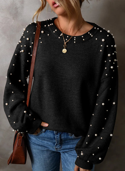 Pearl Detail Long Sleeve Sweater Multiple Colors