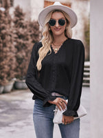 Eyelet V-Neck Flounce Sleeve Blouse