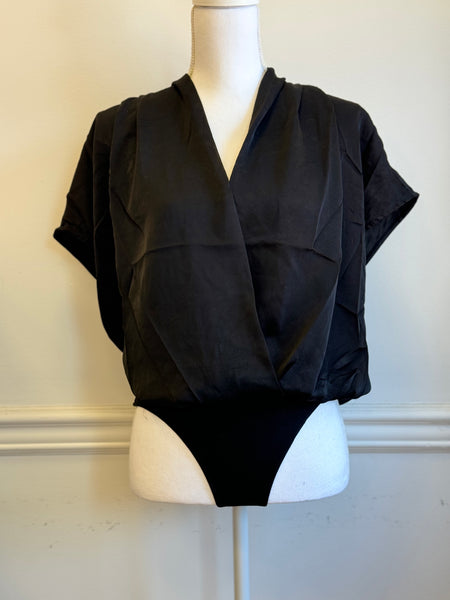 black draped blouse bodysuit