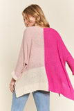 Pink Side Slit Color Block Long Sleeve Sweater