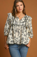 Printed Ruffled Tie Neck Puff Sleeve Babydoll Blouse