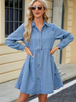 Tiered Long Sleeve Button Up Denim Dress