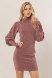 Rose Glitter Mock Neck Long Sleeve Mini Dress