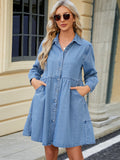 Tiered Long Sleeve Button Up Denim Dress