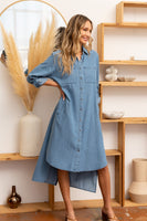 High-Low Button Up Roll-Tab Sleeve Denim Dress