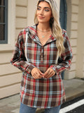 1/4 Button Drawstring Plaid Hooded Long Sleeve Top