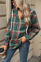 1/4 Button Drawstring Plaid Hooded Long Sleeve Top