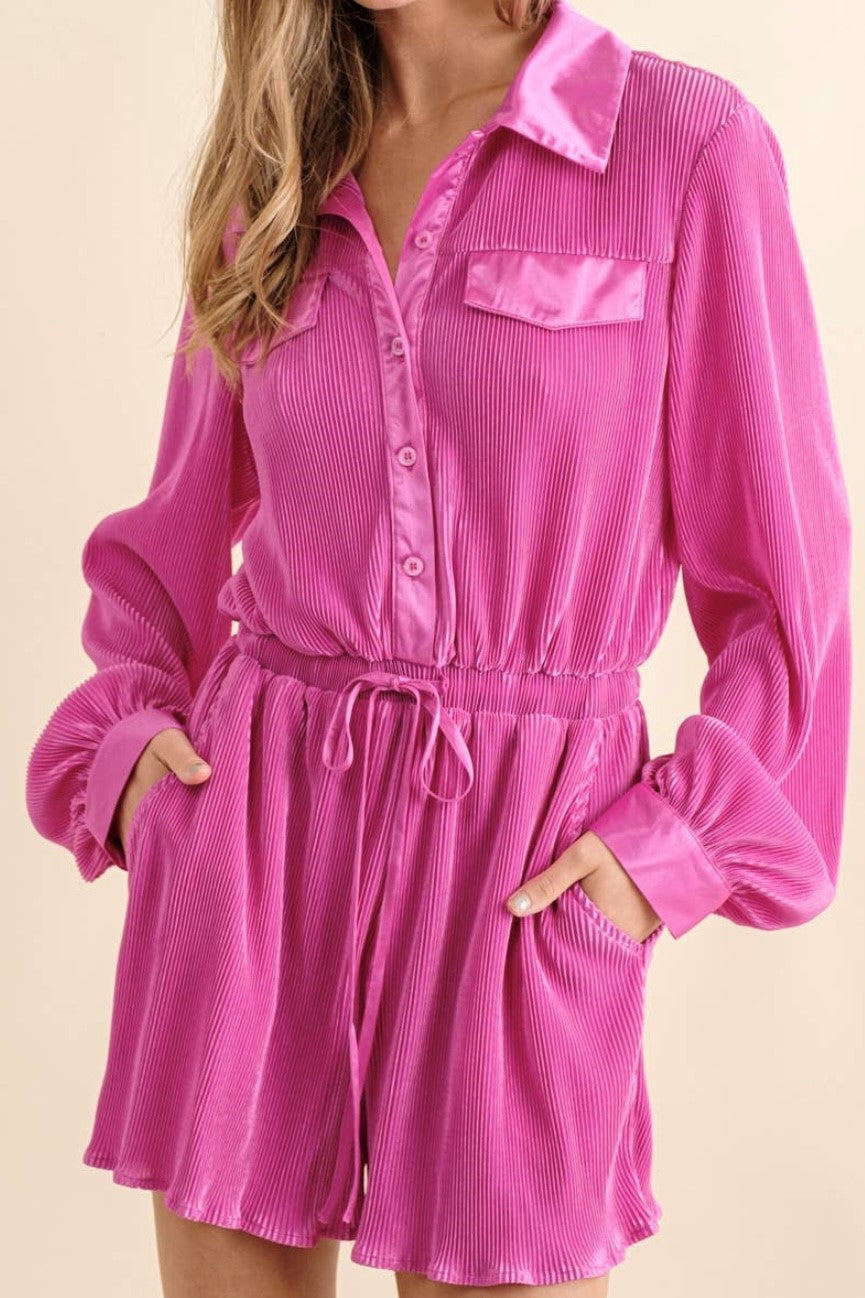 accordion pleated collared romper hot pink