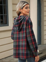 1/4 Button Drawstring Plaid Hooded Long Sleeve Top