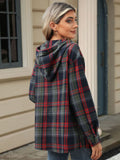 1/4 Button Drawstring Plaid Hooded Long Sleeve Top