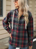 1/4 Button Drawstring Plaid Hooded Long Sleeve Top